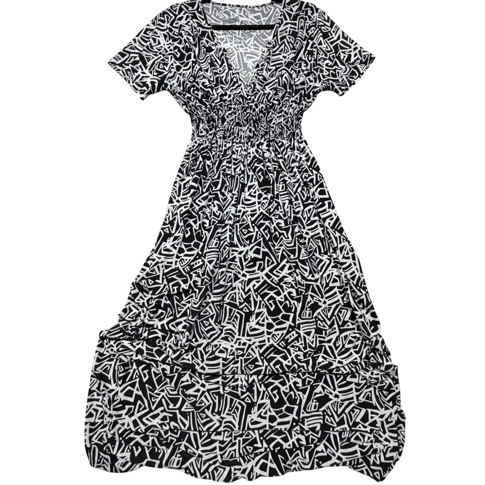 Vintage 90s Black White Abstract Maxi Dress Smocked Waist L Stretch Boho Comfort
